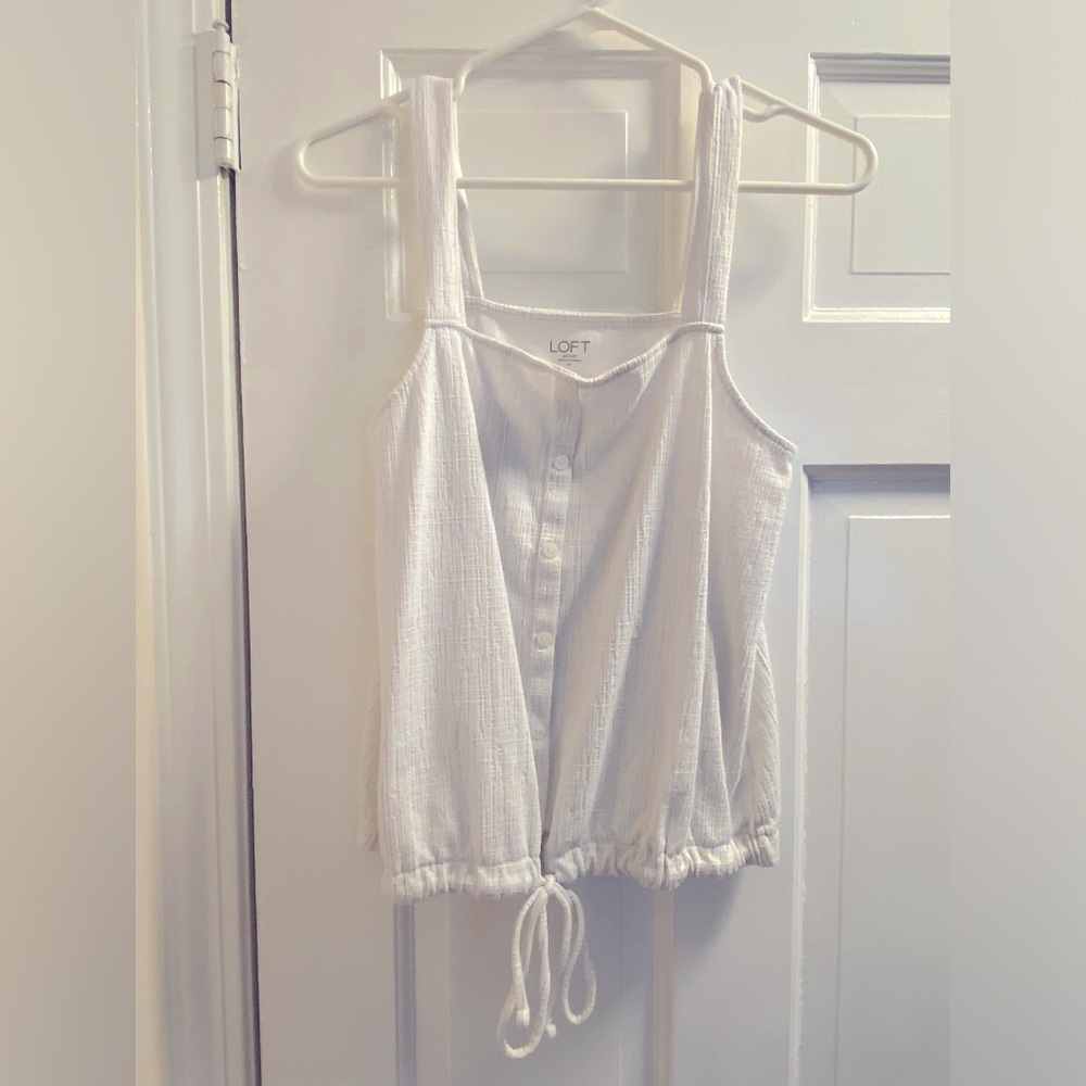Loft white tank with buttons and tie at the bottom.